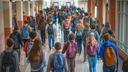 High-angle shot of a crowded school hallway during class change, with students walking between classrooms and interacting with each other