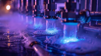 Disinfection, Ultraviolet light disinfection units in action, with water flowing through and a visible glow.