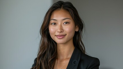 Fototapeta premium Diversity in the Workplace, A real photo showcasing diversity and inclusion in the workplace with a young Asian woman representing professionalism against a white studio backdrop.