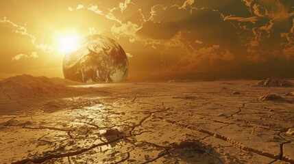 A symbolic image of a healthy planet Earth transforming into a barren wasteland - obrazy, fototapety, plakaty