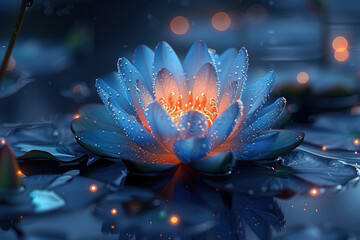 A mesmerizing blue lotus flower blooming on the water, surrounded by shimmering droplets of dew that glisten in the moonlight. Created with AI