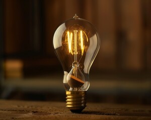 A vintage lightbulb with a filament shaped like an hourglass, symbolizing the limited resource of traditional energy