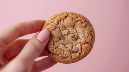 Woman's hand holding a chocolate chip cookie.
