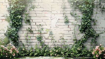 A white painted brick wall with green three-point ivy crawling up. Generative AI.