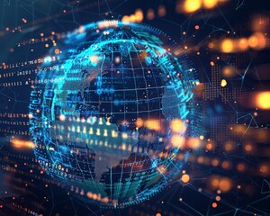 Binary code forming a shield around a digital globe, representing the power of code in protecting global networks