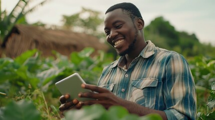 Smiling African Field Worker Uses Tablet for Agriculture Strategy, Promoting Sustainability in Organic Farming Practices