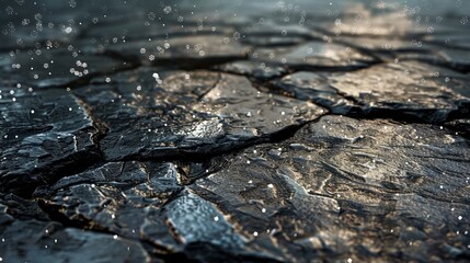 Fototapeta premium Detailed close-up of a reflective wet volcanic rock floor, with a night sky in the background featuring bright stars