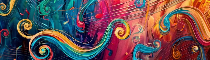 Colorful musical notes swirling together in a cohesive melody, representing the harmonious blend of sounds in music