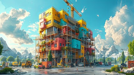 Many construction engineers are helping to build the structure and have many machines.