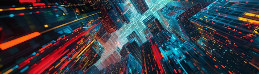 Obraz premium Craft a mesmerizing aerial view abstract art piece capturing bustling stock market trends with sharp angles and vibrant colors