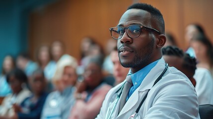 Fototapeta premium Doctor leading a team of healthcare professionals in a diverse hospital setting, ensuring equitable access to quality care for all patients, copy space