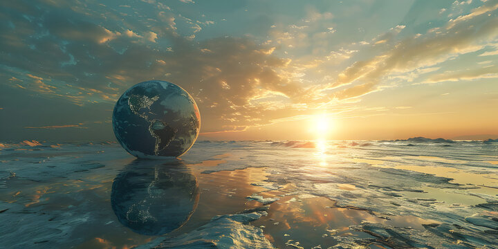 Water planet and climate change with the earth in a puddle as a symbol of global warming or temperate. 
