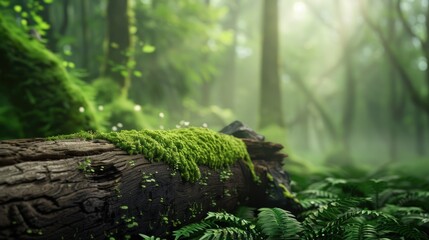 Moss covered log with forest background. - Powered by Adobe