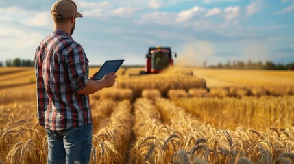Golden Wheat Field Scene: Agronomist Man Assesses Quality on Tablet while Combine Harvester Works Nearby