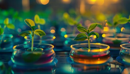 Seedlings glowing in colorful petri dishes in a hightech laboratory, representing advancements in plant science