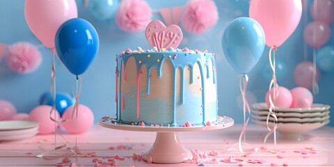 Gender party blue and pink cake photo, Colorful birthday cake with candles on  blue background. 

