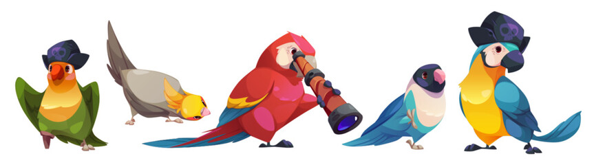 Cute funny parrot characters set with exotic wild birds, pets and pirate mascot in hat and with telescope. Cartoon vector different friendly tropical animal species with multicolored feathers and beak
