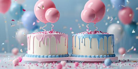 Birthday event with cake chocolates candles and roses pink and blue theme and blue background. 
