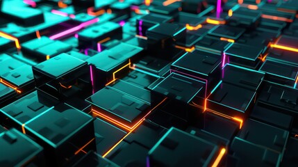 Fototapeta premium Futuristic 3D Geometric Cubes Shapes with Colorful Neon Lights on Dark Background, Abstract 3D Geometric Cubes Shapes with Colorful Neon Lights Background.