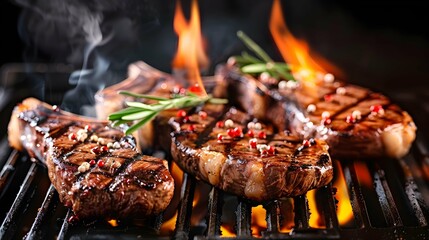 steaks cooking over flaming grill