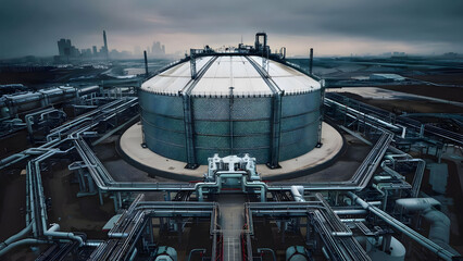 Aerial top view storage tank farm at night, Tank farm storage chemical petroleum petrochemical refinery product at oil terminal - Powered by Adobe