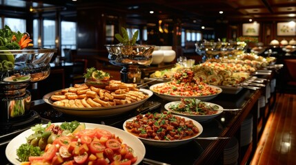 Entertainment and Dining, Lavish buffet setup and live entertainment on the cruise, showcasing luxury and leisure activities available onboard.