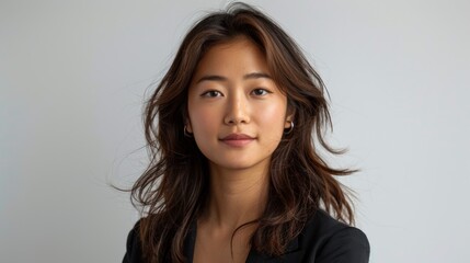 Naklejka premium Entrepreneurial Spirit, A real photo showcasing a young Asian woman with an entrepreneurial mindset, ready to take on challenges against a neutral white backdrop. 