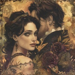 Romantic portrait of a couple in love, with Victorian-era influences and a touch of fantasy.