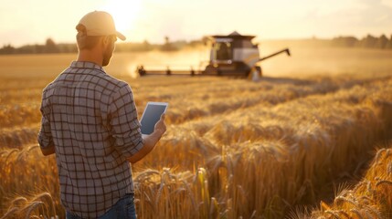 Agronomist Man in Wheat Field with Tablet, Monitoring Quality as Combine Harvester Operates in Background