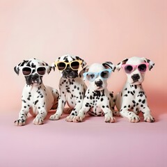 Playful Dalmatian puppies wearing sunglasses, posing together on a pastel background.