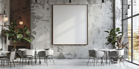 A mockup of an empty white blank frame poster in white wall in the office, 