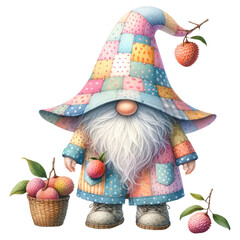 A cute cartoon gnome wearing a colorful hat and holding a basket of peaches