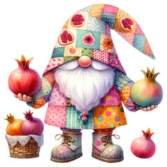 A cute cartoon gnome wearing a colorful hat and holding a pomegranate