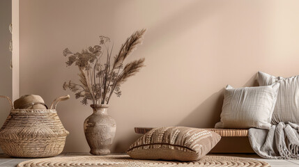 Minimalist natural interior design decor with textured elements and dry plants. Interiors...