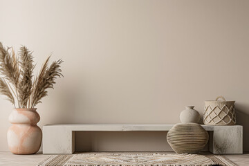 Minimalist natural interior design decor with textured elements and dry plants. Interiors composition with copyspace for text.