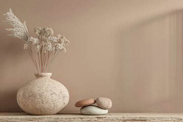 Minimalist natural interior design decor with textured elements and dry plants. Interiors...