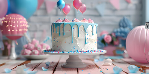  Birthday Cake on Table with Blue Candles and Gradient Background. 