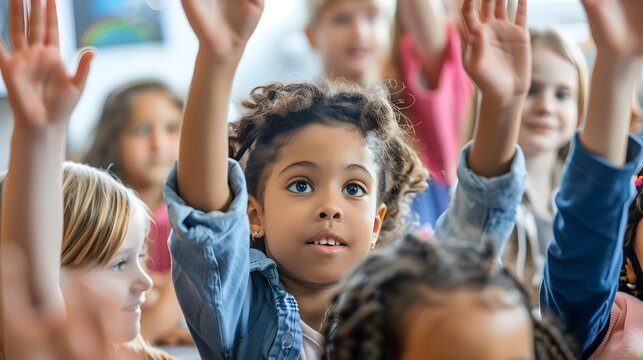School kids raising hands to answer question from teacher during lesson in stem education class