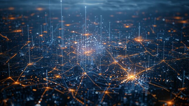 Night city consisting of light lines and abstract dark atomic process. Generative AI.