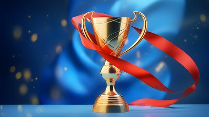 Trophy on dark blue background with red ribbon, winning concept. Victory Celebration, Vector illustration