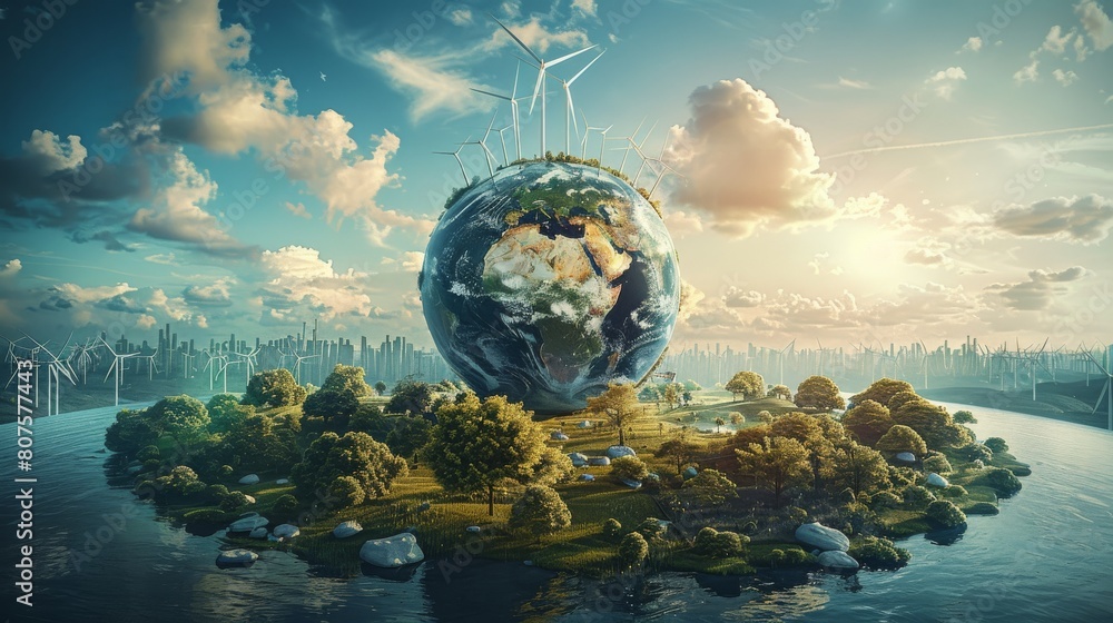 Poster A symbolic image showing humanity united in an embrace around the Earth as a sphere, with solar fields and wind turbines surrounding the landscape. Generative AI.
