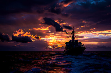 Fototapeta premium ship, sea, route, travel, sunset
