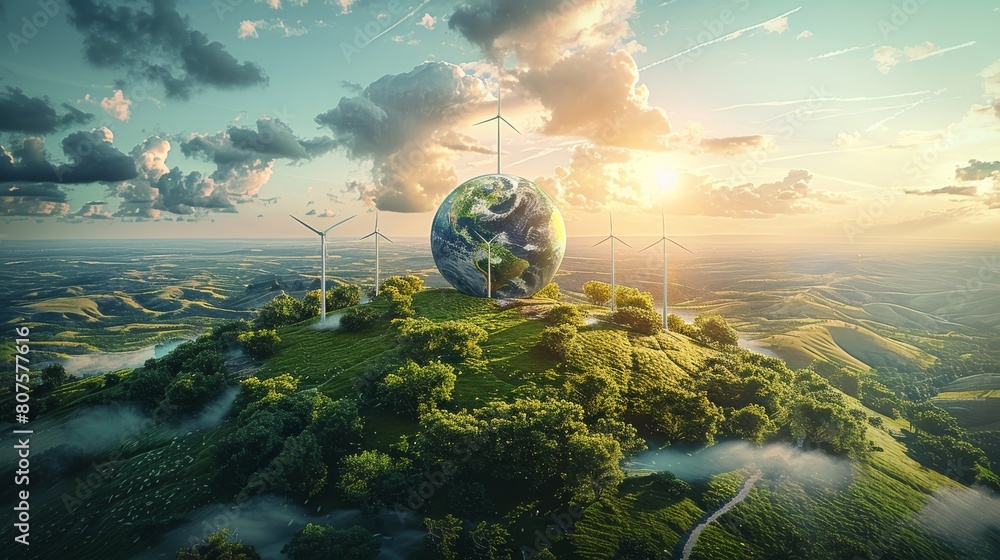 Poster A symbolic image showing humanity united in an embrace around the Earth as a sphere, with solar fields and wind turbines surrounding the landscape. Generative AI.