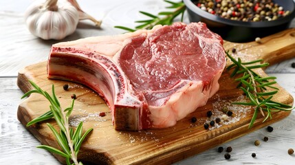 Raw T Bone steak on wooden board prepared to Grill