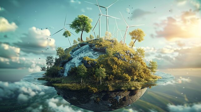 A symbolic image showing humanity united in an embrace around the Earth as a sphere, with solar fields and wind turbines surrounding the landscape. Generative AI.