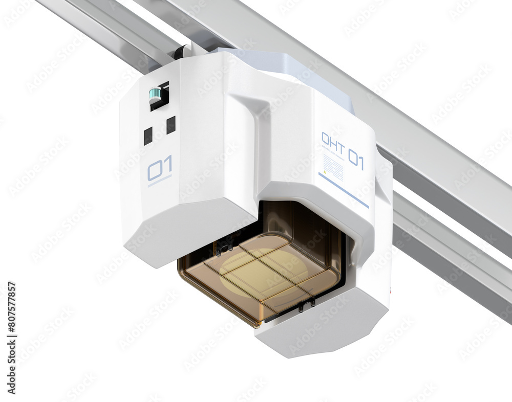 Poster isometric view of overhead hoist transport-oht on white background. generic design. 3d rendering ima