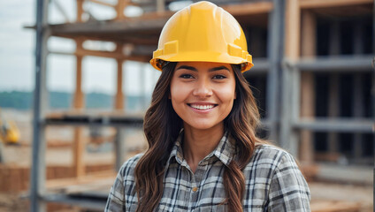 Portrait of successful experienced positive woman builder smiling with his helmet on the head and safety vest standing on a commercial building construction site.