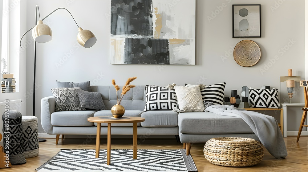 Wall mural Pouf and wooden table in modern living room with painting above grey corner couch. Real photo 