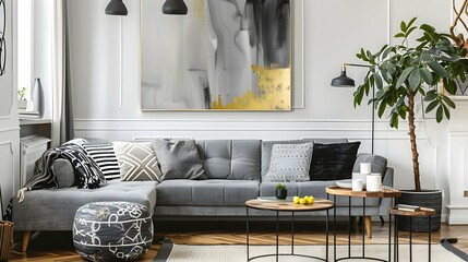 Pouf and wooden table in modern living room with painting above grey corner couch. Real photo 