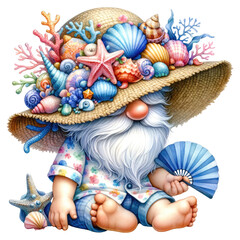 This is a photo of a gnome wearing a hat made of seashells